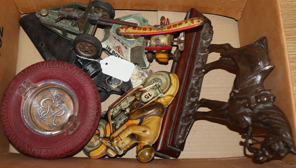 A collection of tinplate toys including Technofix motorbike, Loop the Loop plane, etc